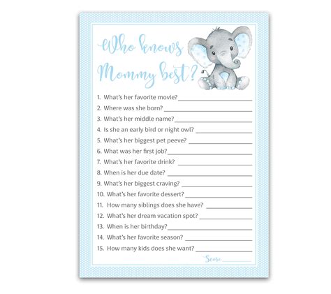 Blue Elephant Baby Shower Games Who Knows Mommy Best Pack Of Boy