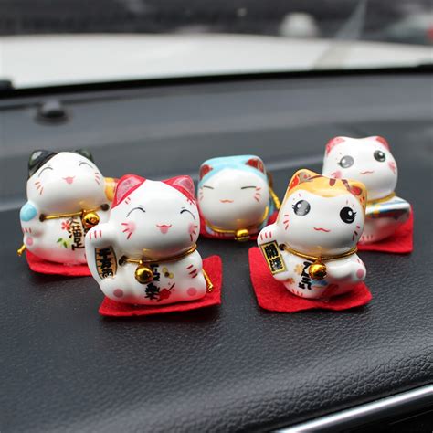 5pcs set car ornament ceramic lucky cat figure doll cute decoration automobiles internal