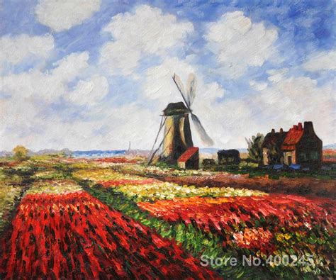 Lukisan Claude Monet Lapangan Tulip Kualitas Tinggi Dengan Kincir Angin Rijngburg Minyak Buatan