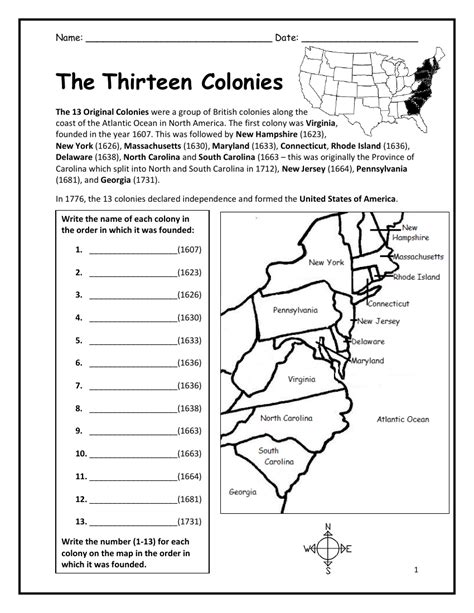 13 Original Colonies Worksheet