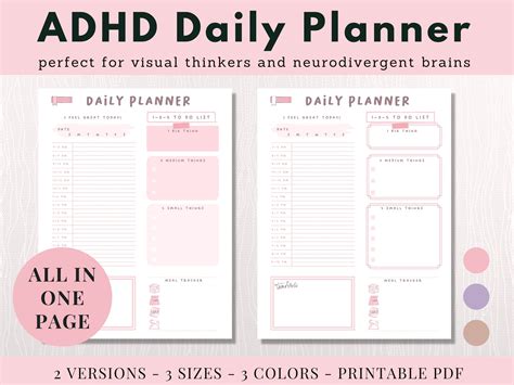 Adult ADHD Daily Planner Printable 3 Color Bundle Neurodivergent