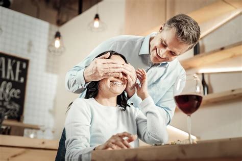 Imposing Man Covering His Womans Eyes By Hands Stock Image Image Of Comfortable Cafe 138225213