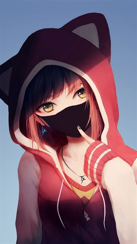 Download Wallpaper 720x1280 Anime Girl In Hoodie Mask Original