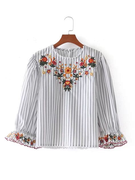 Shop Floral Embroidered Scalloped Cuff Striped Blouse Online Shein