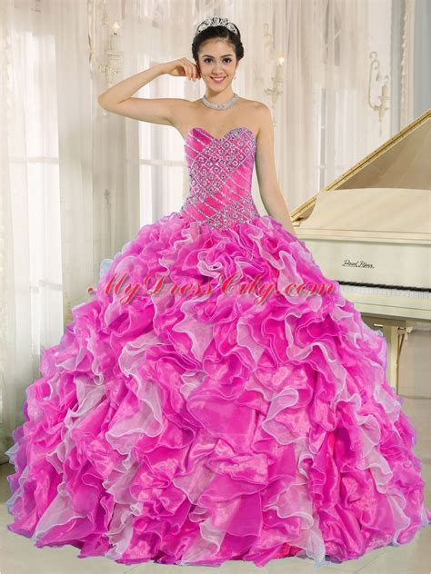 Fifteen Birthday Dresses Hot Pink Beaded And Ruffles Elegant