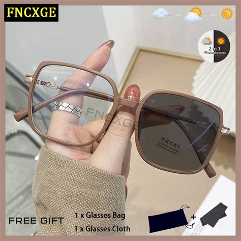 Fncxge Photochromic Eyeglass For Women Men Anti Radiation Square Replaceable Lens Frames Retro