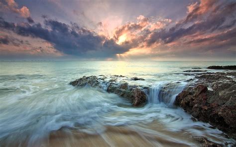 3840x2400 Beach Sea Dawn Dusk Landscape Ocean Rocks Sunlight 4k Hd 4k