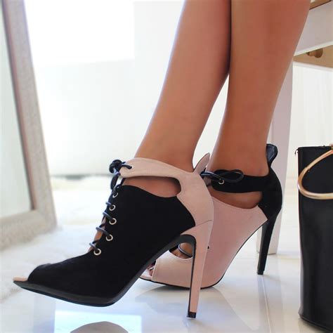 sexy black two tone front lace up peep toe high heel booties faux suede shoes post