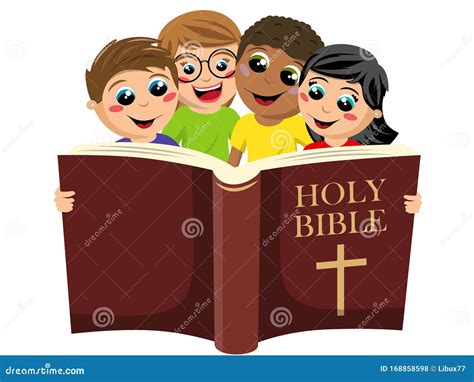 Small Group Of Multicultural Kids Reading The Holy Bible Book Isolated