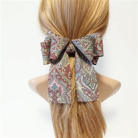 Paisley Print Layered Hair Bow With Tail French Hair Barrette French
