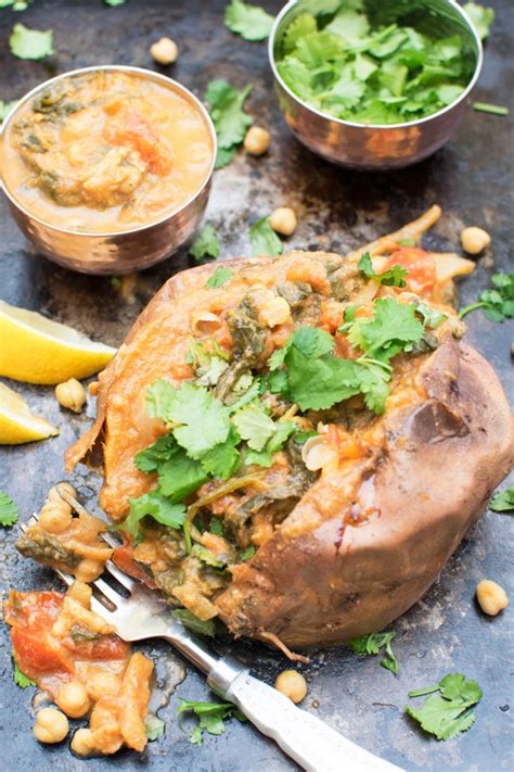Remove from oven and allow to cool slightly. Vegan Baked Sweet Potato with Spinach Chana Masala