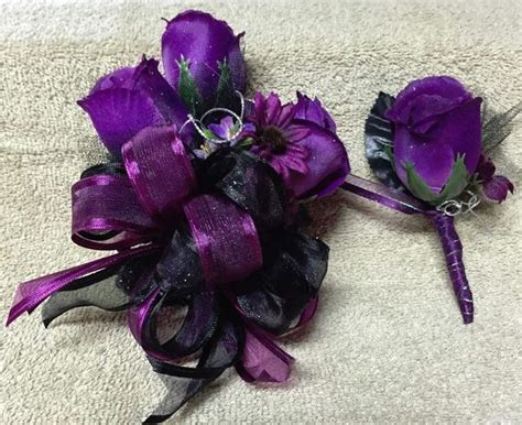 prom purple and black wrist corsage with matching boutineer 1000 in 2020 prom corsage purple