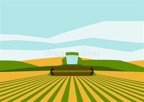 Combine Harvester And Tractor On Wheat Field Agricultural Illustration