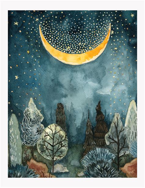 Moon Forest Whimsical Art Watercolor Art Art Painting