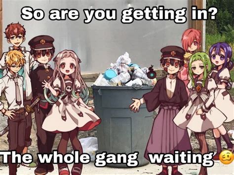 Some Anime Characters Are Standing Next To A Trash Can With The Caption
