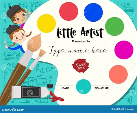 Kids Diploma Or Certificate Template With Painting Stuff Border Cartoon