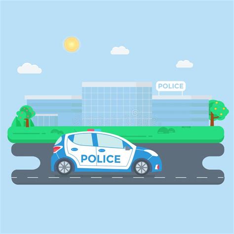 Police Patrol On A Road With Police Car Officer Modern Buildin Stock