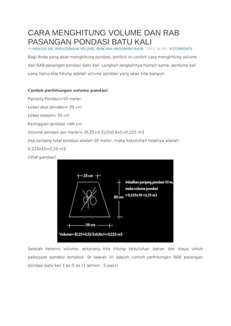 Docx Contoh Cara Menghitung Volume Dan Rab Pasangan Pondasi Batu Kali