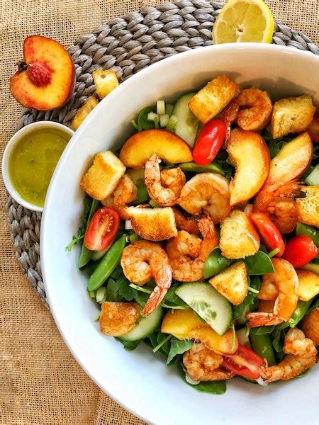 Grilled Shrimp And Peach Panzanella Salad With Basil Vinaigrette Her