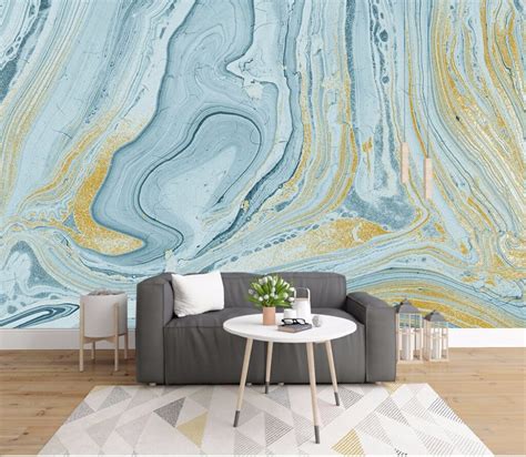 Luxurious Gold Print Blue Texture Marble Wallpaper Murals
