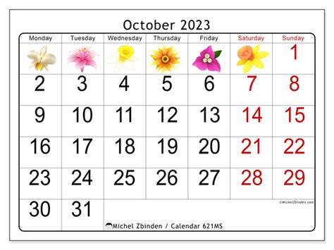 October 2023 Printable Calendar “621ms” Michel Zbinden Us