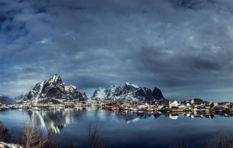 Wallpaper Winter Clouds Snow Mountains Norway Bay Houses The