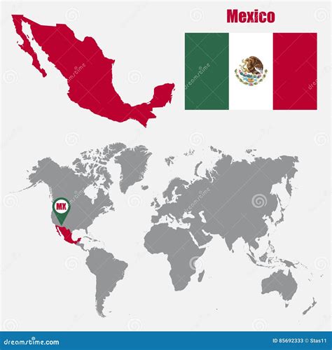 Mapa De México En Un Mapa Del Mundo Con El Indicador De La Bandera Y