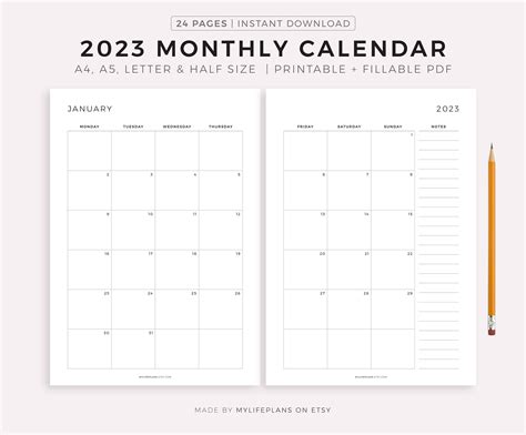 2023 Monthly Calendar On Two Pages With Notes Printable Etsy