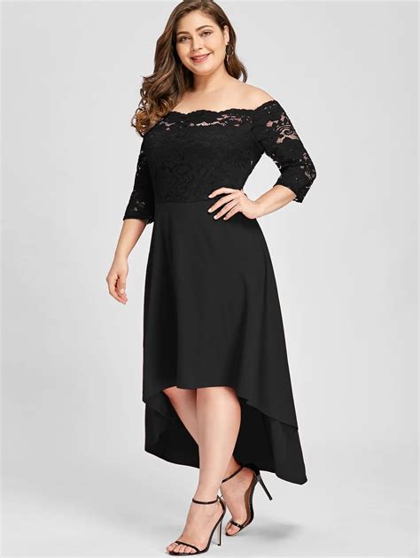 Elegant Women Plus Size Dress High Low Off Shoulder Lace Patchwork Dress Asymmetric Long Party