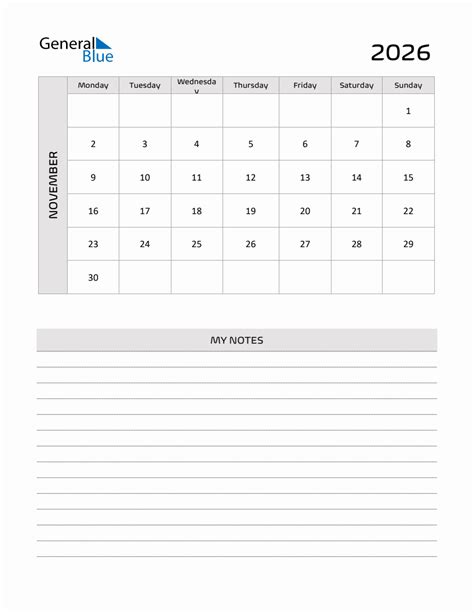November 2026 Printable Monthly Calendar With Notes