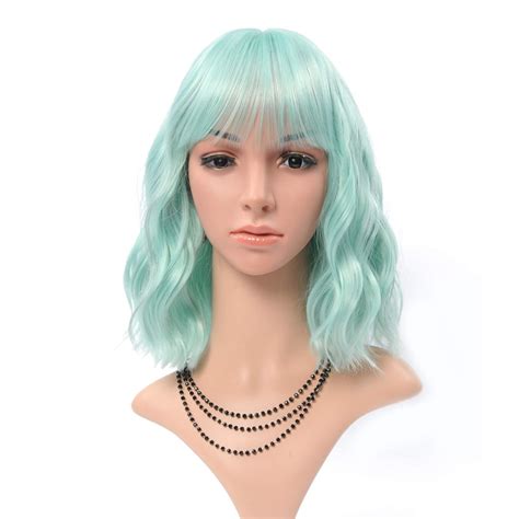 Faelbaty Green Wig Short Bob Wigs With Air Bangs Womens Short Wig Curly Wavy