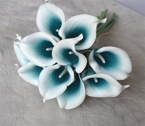 10 picasso teal blue calla lilies real touch flowers for silk wedding bouquets centerpieces
