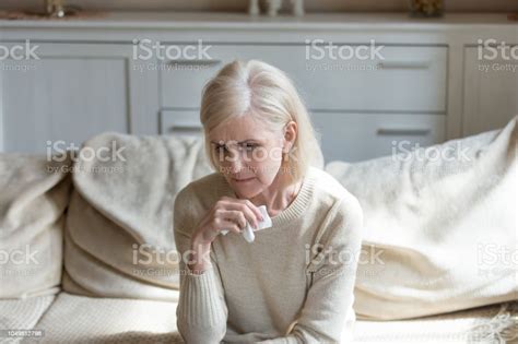 Sad Lonely Middle Aged Woman Crying Holding Handkerchief Grieving