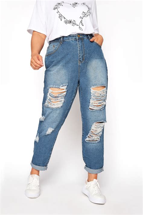 Blue Extreme Ripped Mom Jeans Yours Clothing