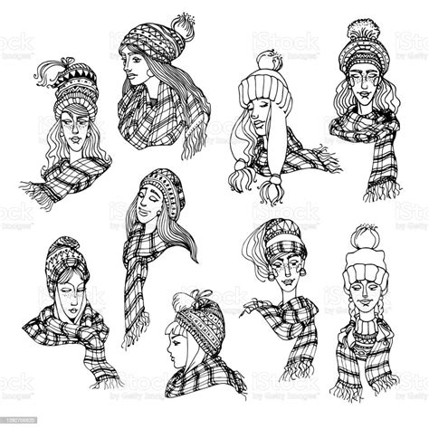 set of cute blonde girls in scandinavian winter knitted hats and plaid scarfs black ink pen