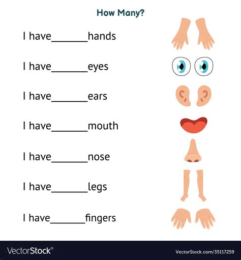 Check spelling or type a new query. How many worksheet with body parts for kids write Vector Image