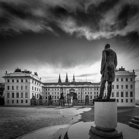 Prague Castle With Bronze Statue Tomas Garrigue Masaryk Monochrome