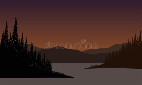 Aesthetic Mountain View At Sunset With The Silhouette Of Pine Trees