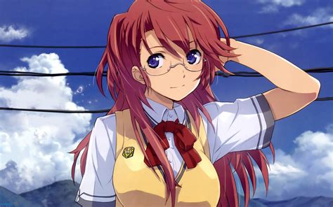 Anime Anime Girls Glasses Meganekko Redhead Purple Eyes School Uniform Ano Natsu De