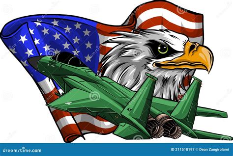 Military Fighter Jets With Eagle And American Flag Stock Illustration
