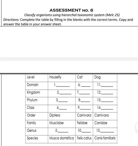 Assessment No Classify Organisms Using Hierarchal Taxonomic System