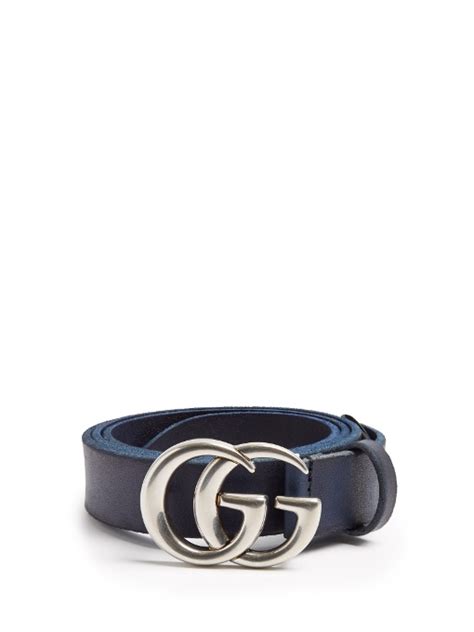 Gucci Leather Belt With Double G Buckle In Blue Modesens