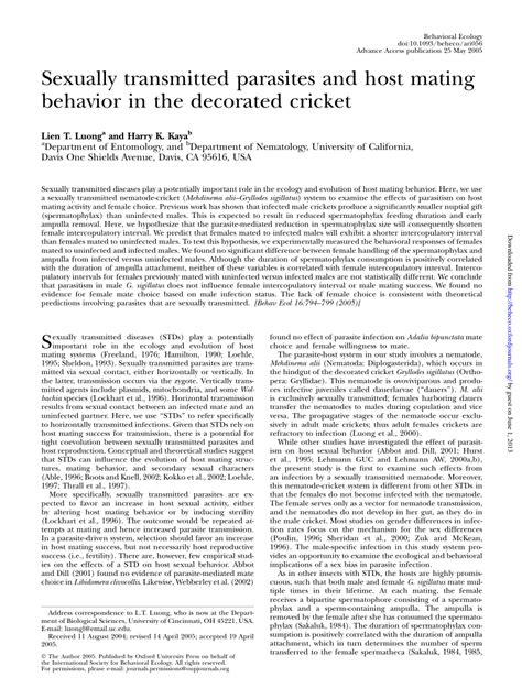 Pdf Sexually Transmitted Parasites And Host Mating Behavior In The Decorated Cricket