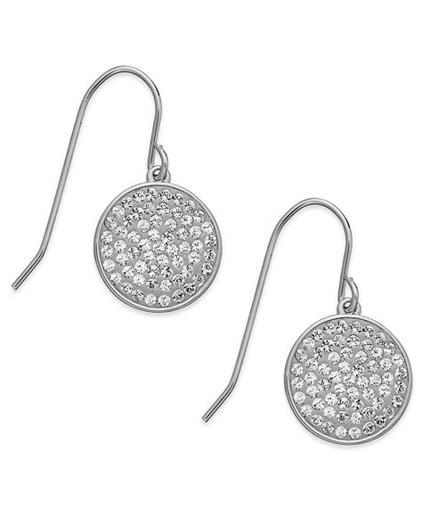 Swarovski Rhodium Plated Disc Clear Crystal Pave Drop Earrings In White