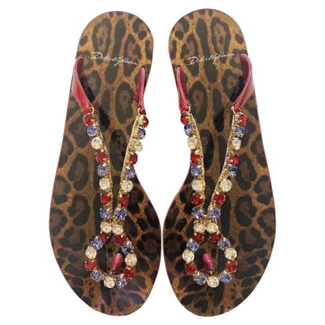 Dolce And Gabbana Brown Leather Leopard Flats Slides Sandals Flip Flops Crystals For Sale At 1stdibs