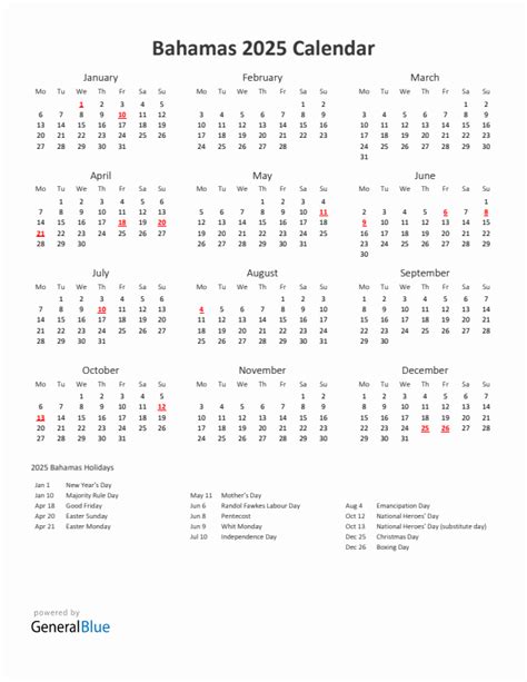 2025 Bahamas Calendar With Holidays