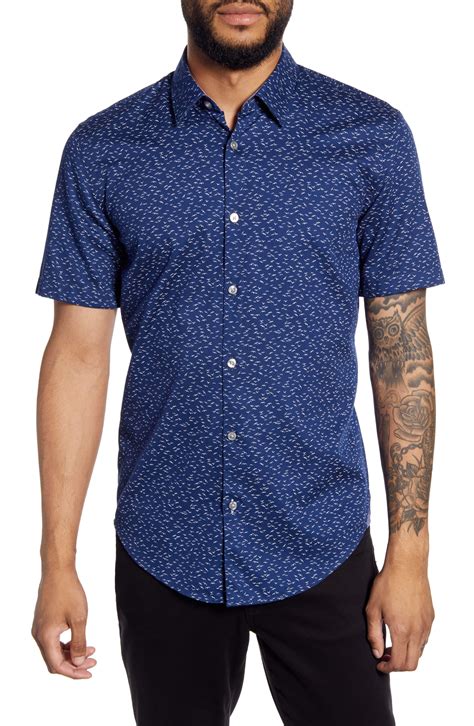 Boss Slim Fit Short Sleeved Shirt With Exclusive Bird Print In Blue For