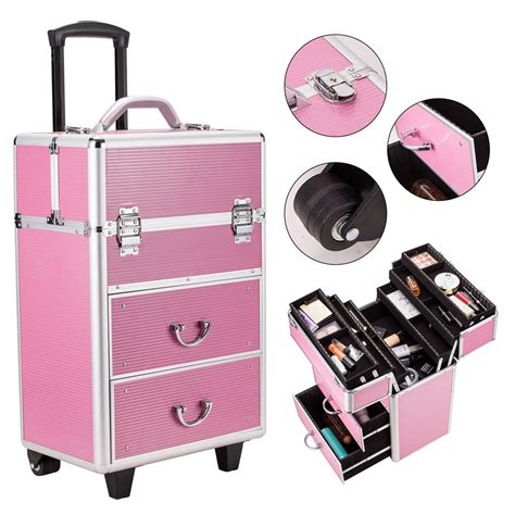 4 Tier Lockable Rolling Cosmetic Makeup Train Cases Pink Wheels