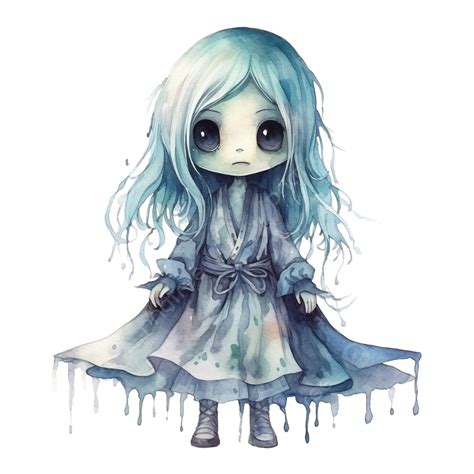 Cute Character Zombie Ghost Girl Watercolor Illustration For Halloween