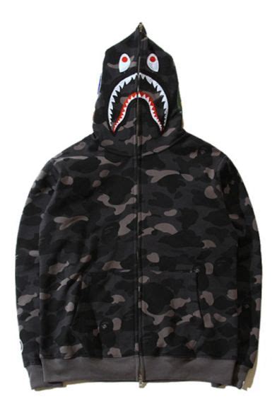 New Trendy Camouflage Pattern Shark Hooded Long Sleeve Zip Up Hoodie